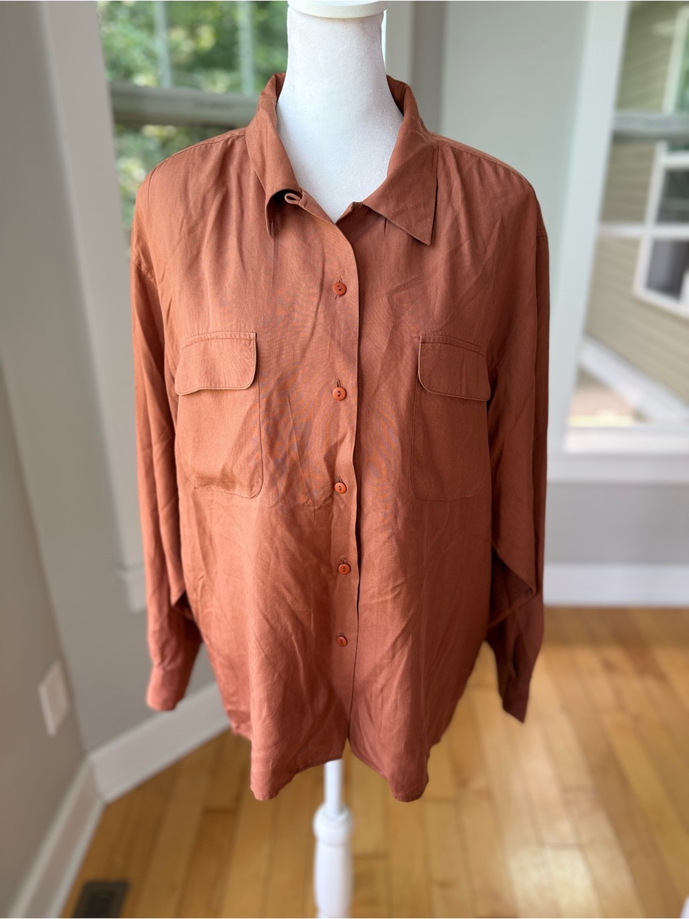 Vintage Anna & Frank Rust Brown Orange Silk Button Down Shirt Blouse Top Large